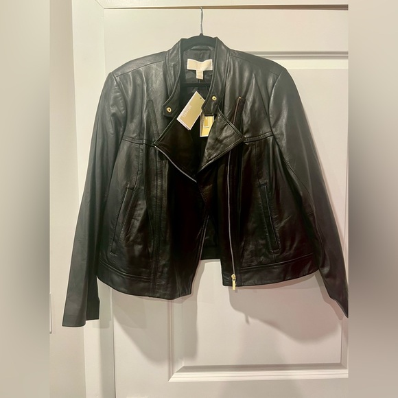 Michael Kors Black 100% Genuine Leather Motorcycle Moto Jacket 2X - Picture 1 of 5